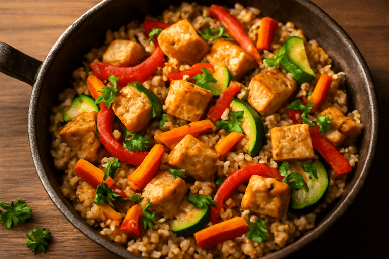 Hähnchen-Gemüse-Pfanne mit Vollkornreis