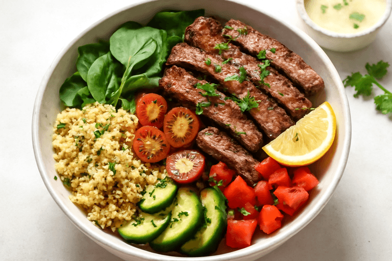 Proteinreicher Rindfleisch-Quinoa-Bowl mit Gemüse