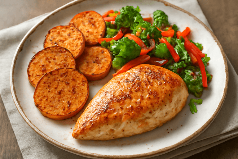 Smarrig kycklingfilé med rostad sötpotatis och grönsaksfräs