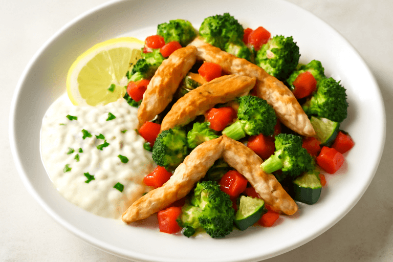 Leichter Hähnchen-Gemüse-Teller mit Zitronenjoghurt