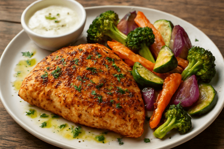 Grillad kyckling med rostade grönsaker & kall yoghurtsås