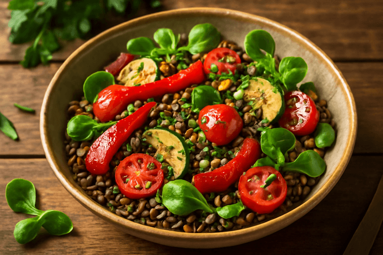 Kleurrijke Linzensalade met Geroosterde Groenten
