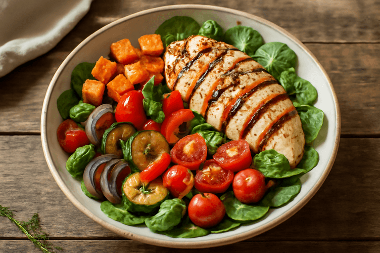 Grillet kyllingsalat med ovnsbakte grønnsaker