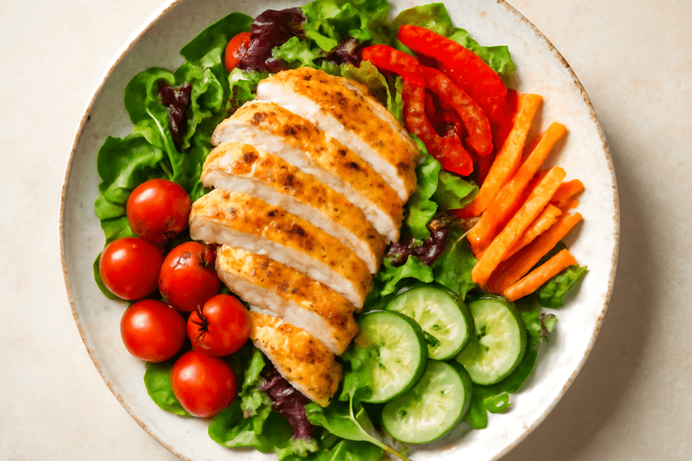 Lätt kycklingsallad med rostade grönsaker