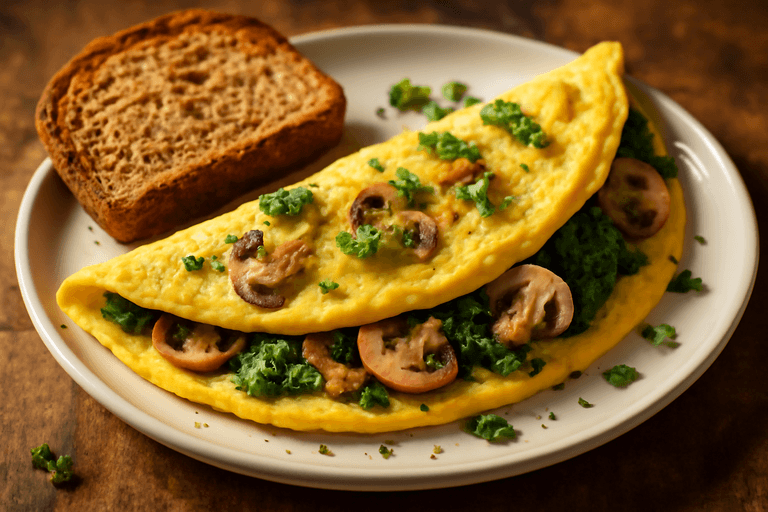 Omelette de Espinacas y Champiñones con Pan Integral
