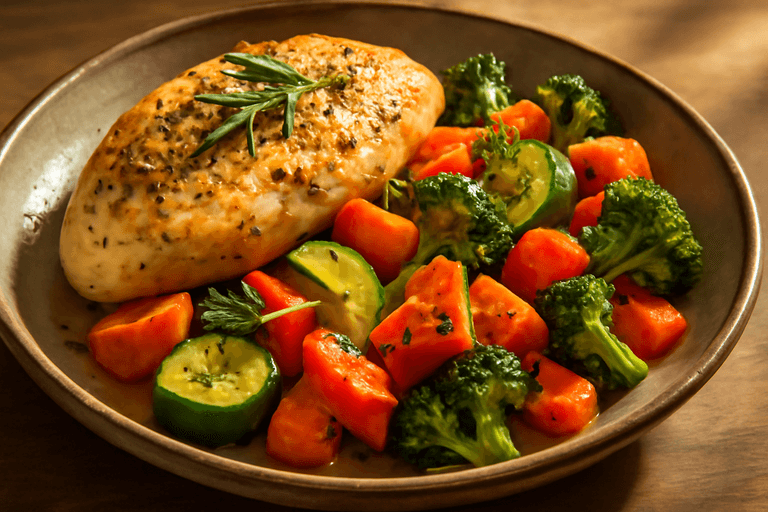 Pui la cuptor cu legume colorate și ierburi aromatice