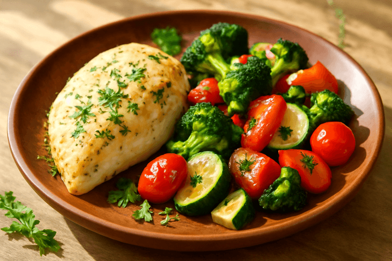 Leichtes Zitronen-Kräuter-Hähnchen mit Ofengemüse