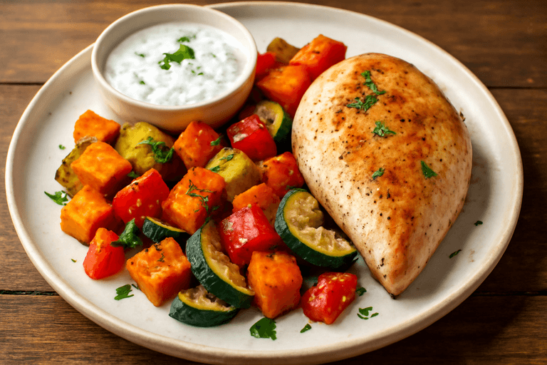 Lätt kycklingfilé med rostade grönsaker och örtig yoghurt