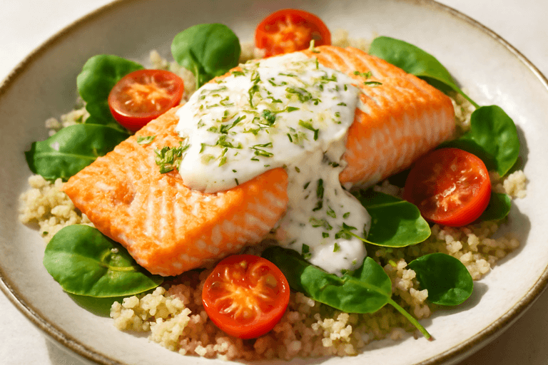 Ugnsbakad lax med quinoa och citronyoghurt
