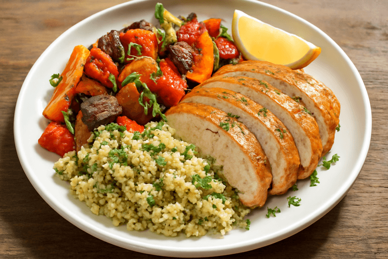 Saftig Kycklingfilé med Rostade Grönsaker och Quinoa