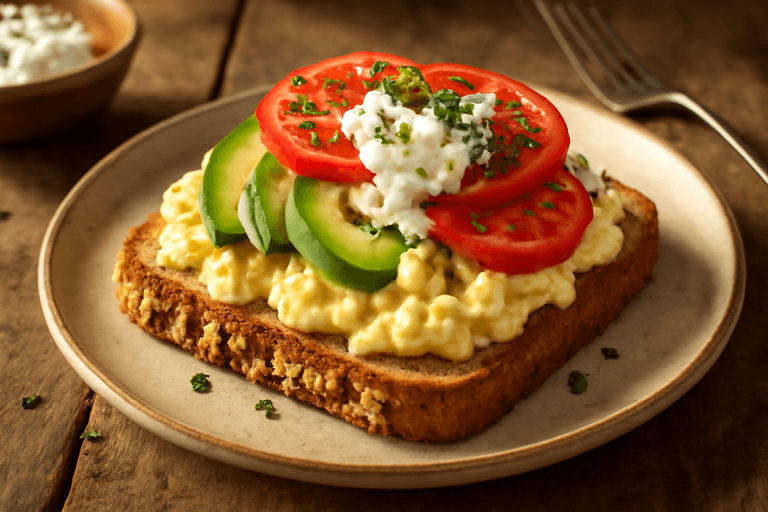 Proteinreiches Frühstücks-Rührei mit Haferbrot und Avocado