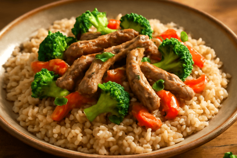 Proteinreiches Rindergeschnetzeltes mit Vollkornreis & Gemüse