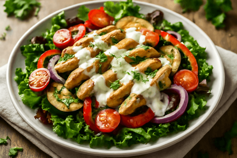 Salată caldă de pui cu legume la grătar și dressing de iaurt