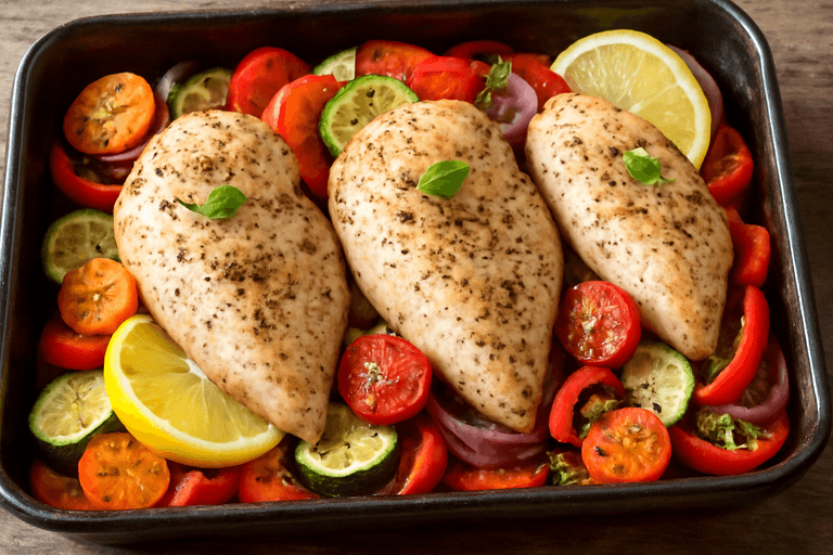 Piept de pui la cuptor cu legume colorate