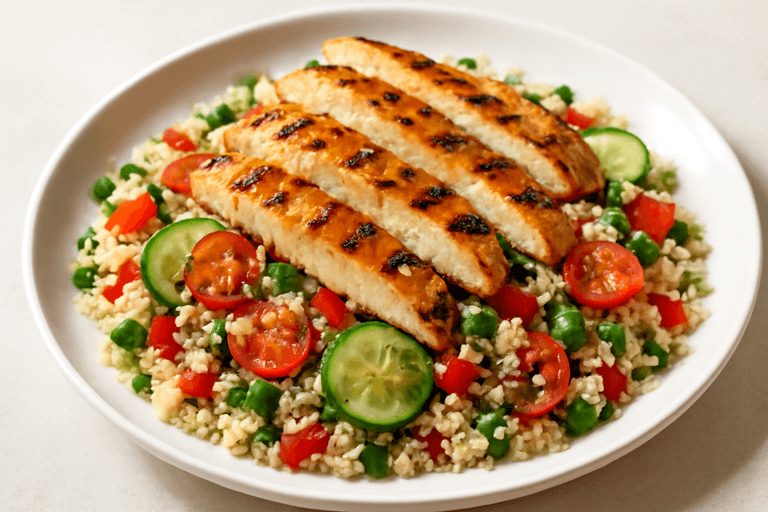 Pollo a la plancha con ensalada fresca de quinoa y vegetales