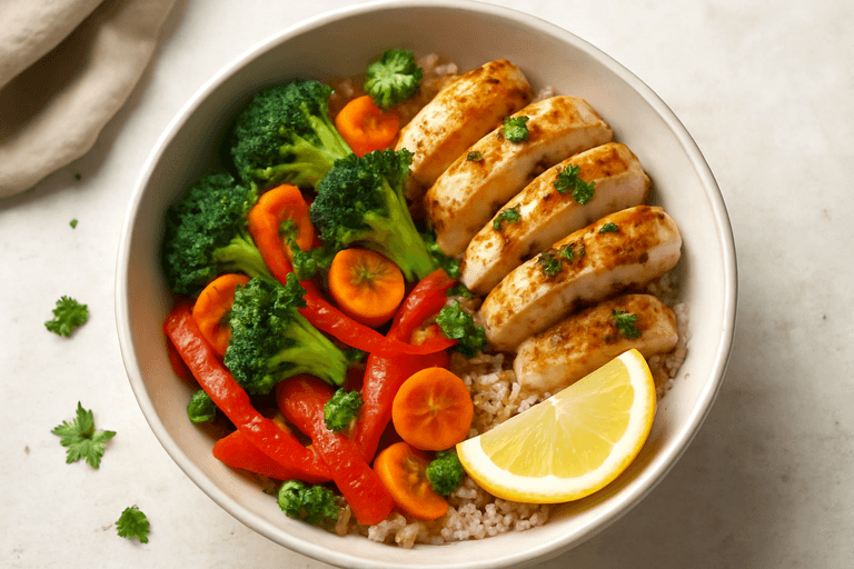 Bol de pui la grătar cu legume și orez