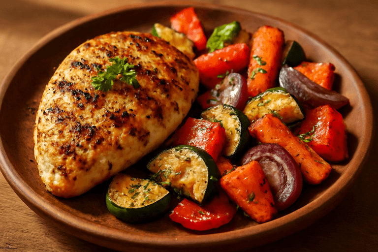 Piept de pui la grătar cu legume la cuptor