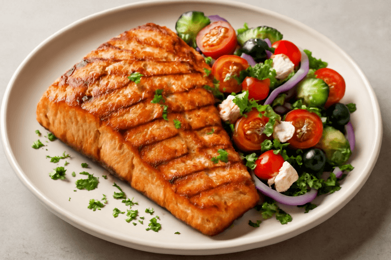 Salmón a la plancha con ensalada mediterránea