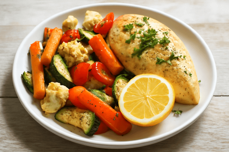 Lätt kycklingfilé med ugnsrostade grönsaker och färsk citron