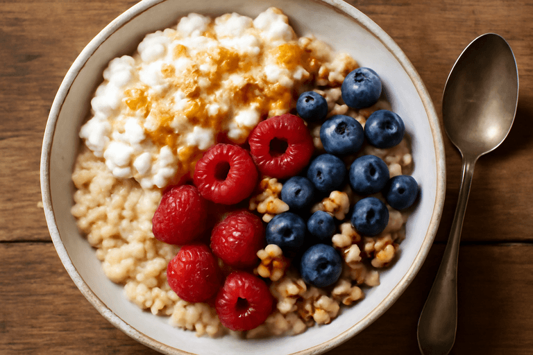 Овсяная чаша с творогом, ягодами и орехами