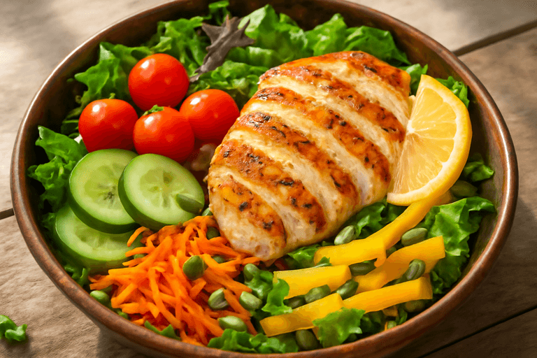 Salată sățioasă cu piept de pui la grătar și legume crocante