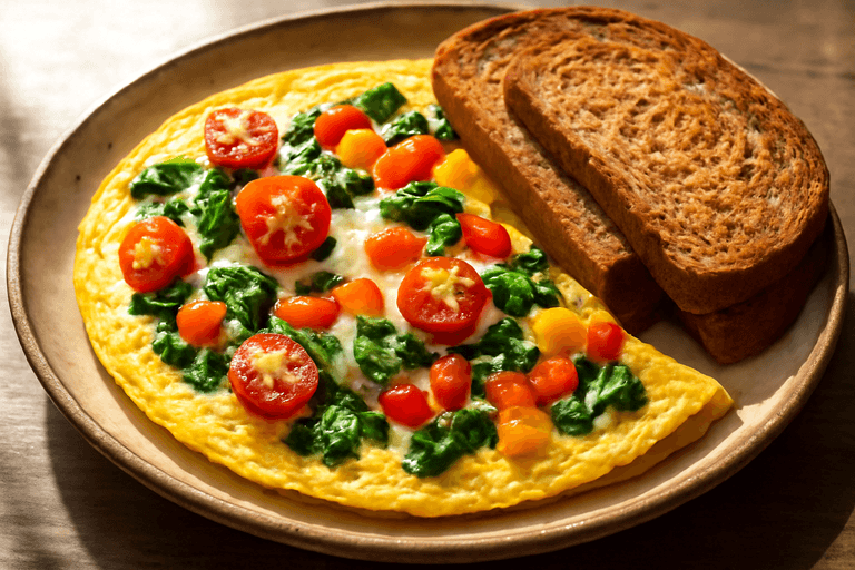 Proteinrik omelett med grønnsaker og fullkornsbrød