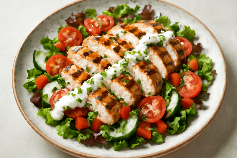 Salată de pui la grătar cu legume proaspete și dressing de iaurt