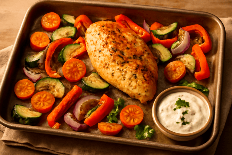 Κοτόπουλο στο φούρνο με λαχανικά και ελαφριά σως γιαούρτι