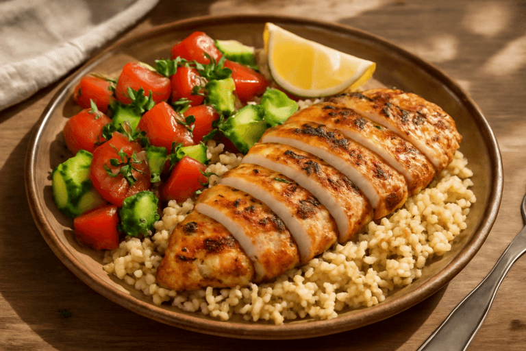 Κοτόπουλο Σχάρας με Πλιγούρι και Σαλάτα Ντομάτας