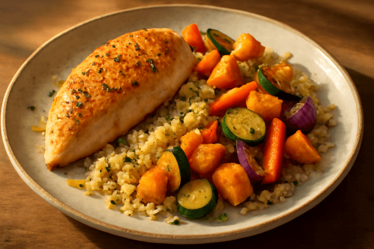 Poulet rôti aux légumes d'automne et quinoa