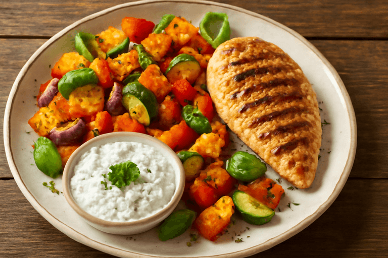 Grillad kycklingfilé med ugnsbakade grönsaker och örtsås