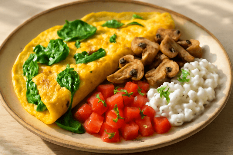 Proteinreiches Frühstücks-Omelett mit Spinat und Pilzen