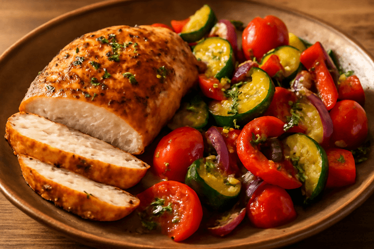 Gebratene Hähnchenbrust mit mediterranem Gemüse