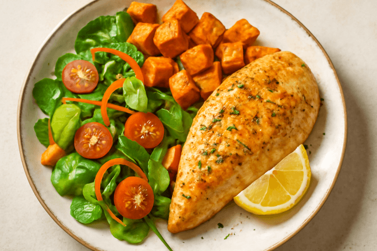Lätt kycklingfilé med rostad sötpotatis och fräsch grönsallad