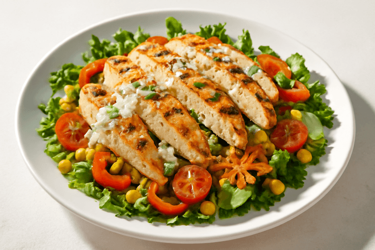 Salată de pui cu legume proaspete și dressing ușor de iaurt