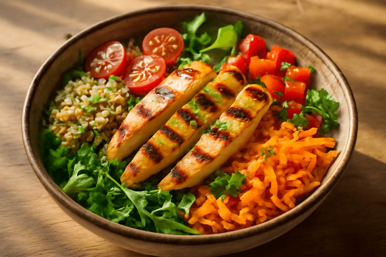 Salade de poulet grillé, quinoa et légumes colorés
