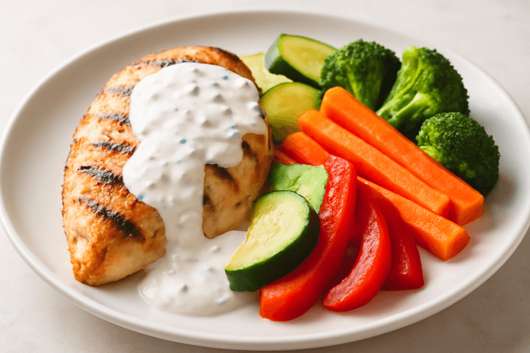 Piept de pui la grătar cu legume la abur și sos de iaurt