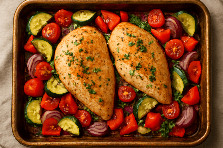 Piept de pui la cuptor cu legume mediteraneene