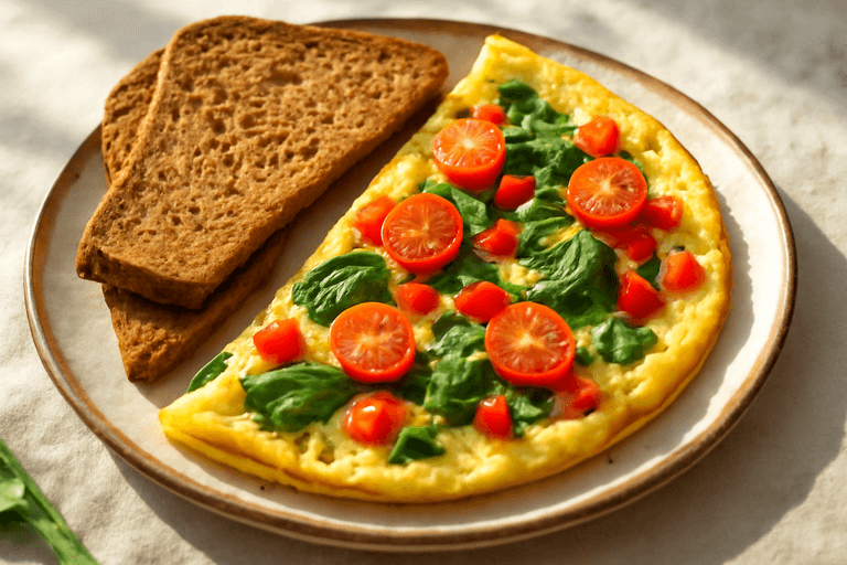 Mic dejun energizant cu omletă sănătoasă și legume la tigaie