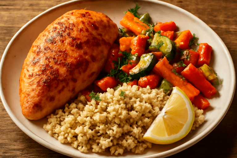 Saftiges Hähnchenbrustfilet mit Ofengemüse & Quinoa