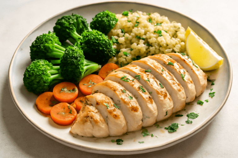 Piept de pui la grill cu legume la abur și quinoa