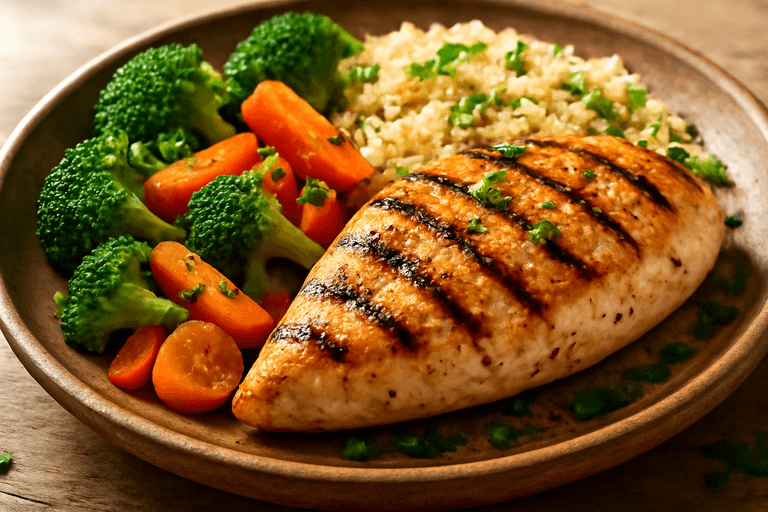 Piept de pui la grătar cu legume la aburi și quinoa