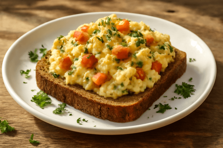 Proteinreiches Kräuter-Rührei mit Vollkorntoast & Tomaten
