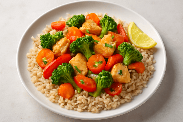 Leichte Hähnchen-Gemüse-Pfanne mit Vollkornreis