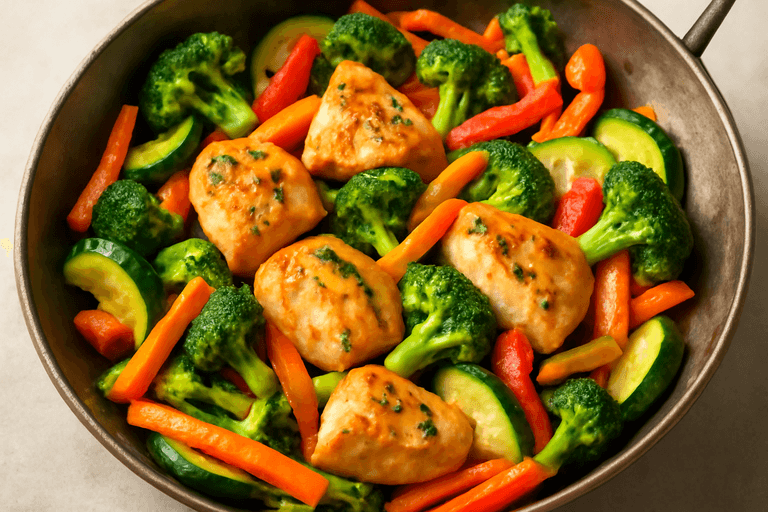 Leichtes Zitronen-Hähnchen mit Gemüsepfanne