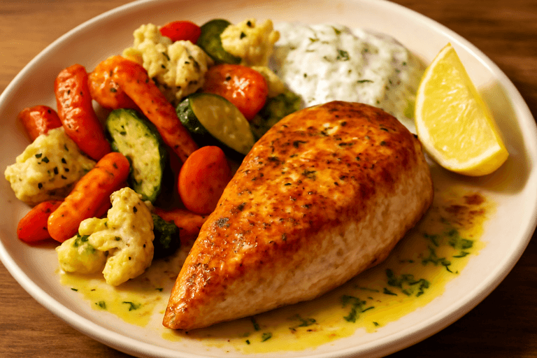 Kycklingfilé med rostade grönsaker och örtsås