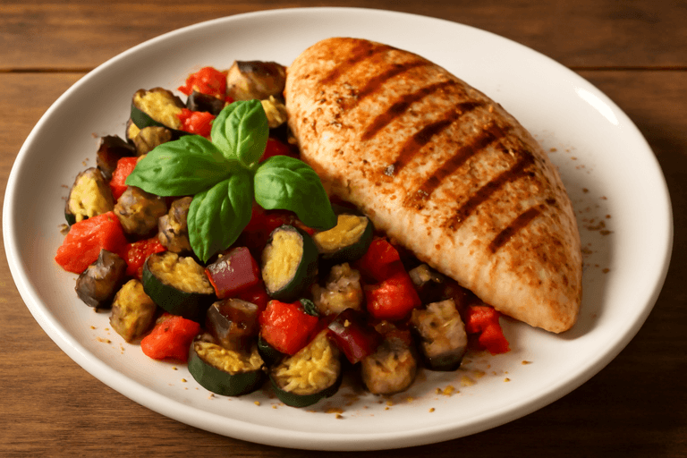 Gegrilltes Hähnchenfilet mit mediterranem Gemüse