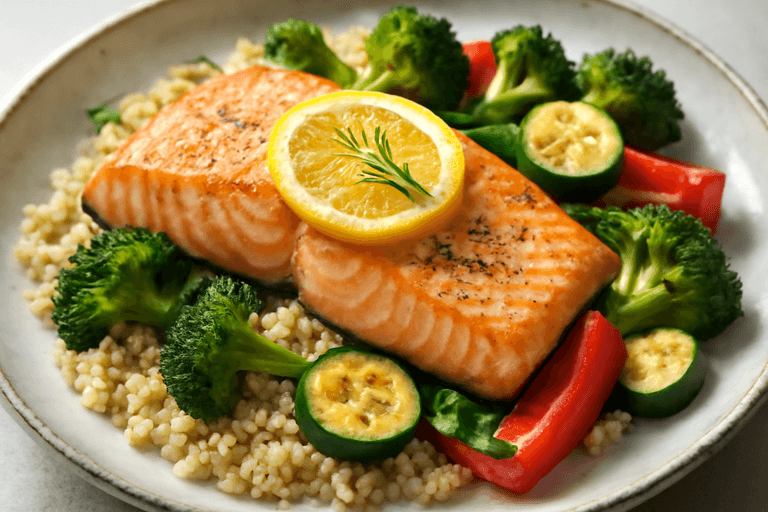 Somon la cuptor cu legume proaspete și quinoa