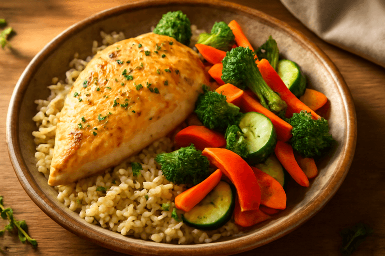 Hähnchenbrust mit buntem Gemüse und Vollkornreis