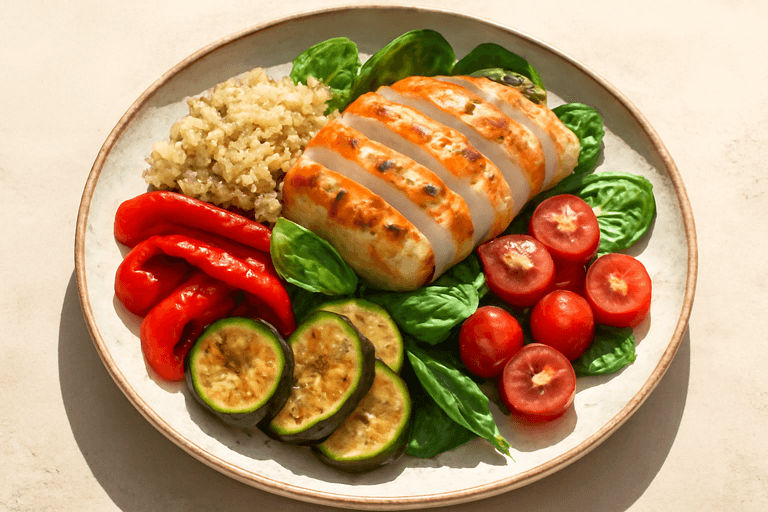 Lätt Kycklingsallad med Quinoa & Rostade Grönsaker